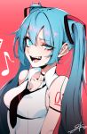  1girl :d bare_shoulders blue_eyes blue_hair breasts hair_between_eyes half-closed_eye hatsune_miku j.k. long_hair looking_at_viewer musical_note necktie open_mouth red_background simple_background sleeveless smile solo teeth twintails vocaloid 