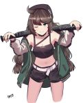  1girl absurdres arknights bangs bare_shoulders baseball_bat belt belt_buckle black_collar black_headwear black_shorts braid breasts brown_hair buckle character_name cleavage collar collarbone commentary crop_top cropped_legs cuora_(arknights) eyebrows_visible_through_hair green_eyes green_jacket hands_up hat highres jacket leaning_forward long_hair low_twintails metal_baseball_bat midriff navel one_eye_closed open_clothes open_jacket parted_lips short_shorts shorts small_breasts solo tegar32 twin_braids twintails very_long_hair white_belt 