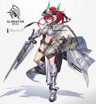  1girl breasts cape crop_top full_body gauntlets hair_ribbon holding holding_shield holding_sword holding_weapon horns large_breasts long_hair looking_at_viewer mecha_musume mechanical_legs midriff nadare-san_(nadare3nwm) navel original pelvic_curtain ponytail red_hair ribbon shadow shield shoes simple_background sleeveless smile solo standing standing_on_one_leg stomach sword thigh_strap thighs v-shaped_eyebrows visor_cap weapon white_background yellow_eyes 