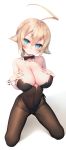  1girl ahoge bangs blazblue blonde_hair blue_eyes blush bow bowtie braid breasts bunnysuit cleavage collarbone covered_navel es_(xblaze) eyebrows_visible_through_hair hand_on_own_chest highres himegi_you kneeling large_breasts long_hair looking_at_viewer pantyhose simple_background single_braid solo white_background wing_collar xblaze 