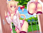  1girl animal_ear_fluff animal_ears ass bangs bird blonde_hair blush bow breasts cat_ears cat_tail collarbone day door english_commentary eyebrows_visible_through_hair fast-runner-2024 highres jacket_pull large_breasts long_hair looking_at_viewer no_bra no_pants original panties patreon_username red_eyes slit_pupils solo striped striped_legwear striped_panties tail tail_bow thighhighs tiffy_(fast-runner-2024) tree underwear watermark web_address 