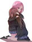  2girls bangs_pinned_back black_hoodie black_legwear brown_hair comforting d4dj highres hood hoodie hug inuyose_shinobu kneeling komu_kom long_hair multiple_girls pink_hair skirt socks yamate_kyouko 