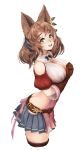  1girl :d animal_ears ass barbariank bare_shoulders belt breasts brown_gloves brown_hair commentary cowboy_shot cropped_legs ear_ornament english_commentary erune eyebrows_visible_through_hair gloves granblue_fantasy green_eyes hands_together highres la_coiffe_(granblue_fantasy) large_breasts looking_at_viewer medium_hair miniskirt open_mouth pleated_skirt puffy_short_sleeves puffy_sleeves short_sleeves simple_background skirt smile solo thighhighs white_background 