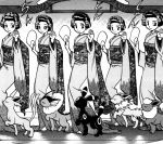  5girls closed_eyes closed_mouth dancing espeon fan flareon greyscale holding holding_fan indoors japanese_clothes jolteon kimono kimono_girl_(pokemon) long_sleeves looking_at_viewer monochrome multiple_girls official_art onomatopoeia pokemon pokemon_special pose scan shadow smile standing symmetrical_pose umbreon vaporeon yamamoto_satoshi 