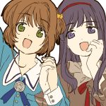  2girls :d amamiya_konatsu black_hair brown_hair cardcaptor_sakura daidouji_tomoyo green_eyes hair_ornament hairband hand_on_own_cheek holding_hands interlocked_fingers kinomoto_sakura multiple_girls open_mouth purple_eyes ribbon smile star star_hair_ornament 