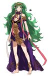  1girl absurdres barefoot braid closed_mouth dress fire_emblem fire_emblem:_three_houses full_body green_eyes green_hair hair_ornament highres long_hair older pointy_ears ribbon_braid sakuuremi simple_background solo sothis_(fire_emblem) tiara twin_braids white_background 