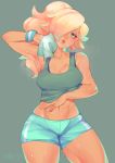  1girl absurdres arm_up bare_shoulders blonde_hair blue_eyes breasts cleavage collarbone eyebrows_visible_through_hair green_background hair_over_one_eye highres long_hair mario_(series) mitsooru navel parted_lips ponytail rosalina signature simple_background solo steam super_mario_bros. sweat tan towel wiping wiping_sweat wristband 