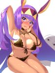  1girl animal_ears arm_behind_head arm_up armpits bangs bare_shoulders bikini black_bikini blush breasts cleavage collarbone dark_skin egyptian facepaint facial_mark fate/grand_order fate_(series) hair_between_eyes hair_tubes hairband highres jackal_ears large_breasts long_hair looking_at_viewer medjed navel nitocris_(fate/grand_order) open_mouth purple_eyes purple_hair sidelocks simple_background swimsuit thighs very_long_hair wavy_mouth white_background yuruto 