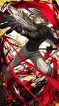  1boy absurdres black_gloves black_shirt blonde_hair blood egawa_akira gloves glowing glowing_eyes higekiri_(touken_ranbu) highres jacket_on_shoulders katana male_focus red_eyes shirt solo sword touken_ranbu turtleneck weapon 