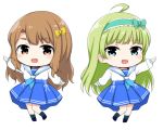  2girls :d ahoge bangs blue_bow blue_eyes blue_footwear blue_hairband blue_neckwear blue_skirt blush bow brown_eyes brown_hair chibi eyebrows_visible_through_hair green_hair green_legwear hairband idolmaster idolmaster_million_live! lockheart long_hair long_sleeves miyao_miya multiple_girls neckerchief open_mouth outstretched_arm pleated_skirt puffy_long_sleeves puffy_sleeves sailor_collar school_uniform serafuku shimabara_elena shirt shoes simple_background skirt sleeves_past_wrists smile socks standing standing_on_one_leg thick_eyebrows very_long_hair white_background white_sailor_collar white_shirt 