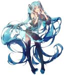  1girl absurdly_long_hair absurdres aqua_eyes aqua_hair aqua_neckwear bare_shoulders black_legwear black_skirt black_sleeves commentary contrapposto detached_sleeves full_body hair_ornament hands_up hatsune_miku hatsune_miku_(vocaloid4)_(chinese) headphones headset highres holding holding_microphone huge_filesize long_hair looking_at_viewer microphone mikka620 neon_trim open_mouth pleated_skirt shirt shoulder_tattoo skirt sleeveless sleeveless_shirt smile solo symbol_commentary tattoo thighhighs twintails very_long_hair vocaloid white_background white_shirt zettai_ryouiki 