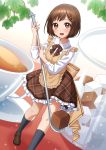 1girl :d absurdres apron back_bow bang_dream! bangs black_legwear blush bob_cut bow breasts brown_apron brown_eyes brown_footwear brown_hair brown_ribbon brown_skirt coffee coffee_cup collared_shirt commentary_request cup disposable_cup eyebrows_behind_hair frilled_shirt_collar frilled_skirt frills full_body hair_ornament hairclip hazawa_tsugumi highres himemiya_chiharu holding holding_spoon kneehighs leaf light_particles looking_at_viewer minigirl neck_ribbon open_mouth plaid plaid_skirt plate ribbon shadow shirt shoes short_hair sidelocks skirt small_breasts smile solo spoon standing sugar_bowl sugar_cube white_shirt 