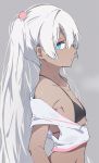  1girl bangs bare_shoulders bikini black_bikini blush closed_mouth collarbone crop_top dark_skin expressionless eyebrows_visible_through_hair flat_chest from_side grey_background hair_between_eyes kasshoku-chan_(katuo1129) katuo1129 long_hair looking_at_viewer looking_to_the_side off_shoulder original sideways_glance simple_background solo swimsuit twintails upper_body very_long_hair 