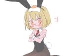  &gt;:( 1girl animal_ears bangs bare_shoulders black_legwear black_leotard blonde_hair blush bunny_ears bunny_girl bunny_tail bunnysuit closed_mouth copyright_name covering detached_collar egg egg_yolk embarrassed eyebrows_visible_through_hair fake_animal_ears fake_tail feet_out_of_frame food food_on_head fried_egg frown glasses kokaki_mumose leotard looking_at_viewer necktie object_on_head on_head orange_eyes pantyhose red-framed_eyewear red_neckwear semi-rimless_eyewear shimeji_simulation short_hair short_necktie simple_background sitting solo strapless strapless_leotard sunny_side_up_egg sweat tail under-rim_eyewear v-shaped_eyebrows white_background wing_collar wrist_cuffs yamashita_majime 