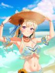  1girl absurdres alternate_hairstyle arm_scrunchie armpits bang_dream! bangs bare_shoulders beach bikini black_choker blonde_hair blue_bikini blue_sky blurry blurry_background blush bracelet breasts choker cleavage cloud collarbone commentary day earrings eyebrows_behind_hair flower front-tie_bikini front-tie_top gom_(kooskoo) groin hair_flower hair_ornament hands_up hat hat_ribbon highres holding holding_hat hoop_earrings jewelry layered_bikini long_hair looking_at_viewer low_twintails medium_breasts midriff navel necklace ocean outdoors plaid plaid_ribbon print_bikini purple_eyes ribbon sarong shirasagi_chisato sidelocks sky smile solo standing sun_hat sunflower sunlight swimsuit twintails upper_body wristband 
