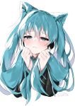  1girl absurdres animal_ears aotan_(aorin114) aqua_eyes aqua_hair blush cat_ears commentary face fake_animal_ears fang hair_between_eyes hair_tousle hatsune_miku headphones heart heart-shaped_pupils highres long_hair simple_background solo symbol-shaped_pupils twintails vocaloid wavy_mouth white_background 