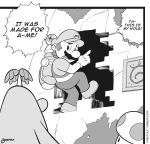  1boy backpack bag character_request commentary english_commentary english_text gloves greyscale hat hole male_focus mario mario_(series) monochrome open_mouth pants peaked_cap pixelpulp shoes short_sleeves signature solo_focus standing the_enigma_of_amigara_fault toad 