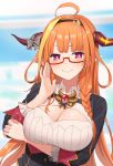  1girl absurdres ahoge blonde_hair blurry blurry_background bow braid breasts collared_shirt commentary_request depth_of_field dragon_horns eyebrows_visible_through_hair glasses hairband head_tilt highres hololive horn_bow horns inq kiryuu_coco large_breasts long_hair looking_at_viewer multicolored multicolored_eyes multicolored_hair orange_hair pink_eyes purple_eyes semi-rimless_eyewear shirt solo streaked_hair striped striped_bow under-rim_eyewear upper_body v-shaped_eyebrows very_long_hair wing_collar 