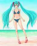  aqua_hair beach bikini hatsune_miku ocean pink_footwear polka_dot polka_dot_bikini sand swimsuit tama_(tama&#039;s_website) 