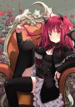  1girl bangs black_legwear blush commentary_request crescent crescent_hair_ornament demon_girl demon_horns demon_wings dress frills hair_ornament heterochromia highres horns long_hair nijisanji re_lucy red_eyes red_hair smile solo thighhighs two_side_up virtual_youtuber wings yuzuki_roa 