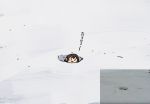  1girl :3 brown_hair chibi fubuki_(kantai_collection) hole kantai_collection nyoro~n photo-referenced ponytail rariatto_(ganguri) reference_photo seal snow solo stuck teardrop translated 