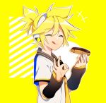  +++ 1boy :p black_collar black_sleeves blonde_hair closed_eyes collar commentary detached_sleeves doodle eclair_(food) ei_flow english_commentary facing_viewer food from_side hands_up headphones highres holding holding_food kagamine_len male_focus necktie ok_sign sailor_collar school_uniform shirt short_ponytail short_sleeves smile solo spiked_hair tongue tongue_out vocaloid white_shirt yellow_background yellow_neckwear 