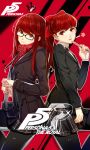  1girl alternate_hairstyle bag black_bow black_jacket blush bow buttons closed_mouth commentary_request glasses hair_between_eyes hair_bow highres holding holding_bag ijuun jacket lips logo long_hair looking_at_viewer open_mouth parted_lips persona persona_5 persona_5_the_royal ponytail red_bow red_eyes red_hair red_scarf scarf school_bag school_uniform shuujin_academy_uniform skirt spoilers star thighhighs uniform yoshizawa_kasumi 