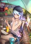  ! 2girls alternate_costume bag bangs bare_arms beret black_headwear blue_shorts blunt_bangs breasts casual coat collarbone commentary_request crossed_legs cup day dinergate_(girls_frontline) drinking_straw facepaint floating_hair girls_frontline glass_table green_coat green_eyes hair_ornament hat highres hk416_(girls_frontline) holding_key key kneehighs lamppost long_hair looking_at_viewer medium_breasts multiple_girls open_mouth outdoors renze_l revision road scenery short_shorts shorts shoulder_bag sidelocks silver_hair sitting sitting_on_object table tank_top teardrop thighs umbrella ump9_(girls_frontline) under_umbrella white_tank_top 