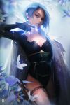  artist_name black_dress black_gloves blue_eyes blue_hair breasts brushwork cape claw_(weapon) cleavage dress elf floral_background flower gloves light_particles light_rays magic outdoors pointy_ears ross_tran thigh_strap weapon white_flower 