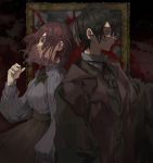  1boy 1girl absurdres black_hair blood blood_on_wall brown_eyes brown_hair closed_mouth earrings fingernails green_neckwear highres jewelry long_fingernails medium_hair momomosae original painting_(object) parted_lips sharp_fingernails single_earring 