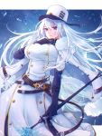  1girl azur_lane belt black_gloves breasts coat commentary double-breasted elbow_gloves fur-trimmed_coat fur_trim gloves hand_on_own_chest hat highres holding_scepter jacket_on_shoulders large_breasts long_hair looking_at_viewer multiple_belts parted_lips red_eyes scepter shichijou_natori solo sovetskaya_rossiya_(azur_lane) white_hair 