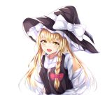  1girl :d absurdres bangs black_headwear blonde_hair blush bow braid eyebrows_visible_through_hair floating_hair gradient_hair hair_between_eyes hair_bow hat hat_bow highres kirisame_marisa kure:kuroha long_hair long_sleeves looking_at_viewer multicolored_hair open_mouth red_bow silver_hair simple_background single_braid smile solo touhou upper_body very_long_hair white_background white_bow witch_hat yellow_eyes 