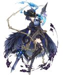  1girl adjusting_headwear alice_(sinoalice) boots brooch coat cravat dark_blue_hair feathers frills full_body gloves gold_trim hat hat_over_one_eye jewelry ji_no looking_at_viewer official_art pocket_watch polearm red_eyes short_hair sinoalice smoke solo spear tattoo thigh_boots thighhighs transparent_background watch weapon 