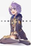  1girl bernadetta_von_varley bike_shorts fire_emblem fire_emblem:_three_houses full_body garreg_mach_monastery_uniform grey_background grey_eyes hood hood_down long_sleeves open_mouth panda_inu purple_hair short_hair simple_background sitting solo uniform 