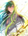  1boy backlighting bangs blurry blurry_foreground blush chain closed_mouth collared_shirt commentary_request crying crying_with_eyes_open depth_of_field eyebrows_visible_through_hair fate/grand_order fate_(series) green_hair hair_between_eyes highres kingu_(fate) long_hair looking_at_viewer male_focus purple_eyes rijjin shirt solo tears upper_body very_long_hair white_shirt 