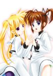  2girls black_ribbon blonde_hair blush brown_hair child couple fate_testarossa happy highres holding_hand interlocked_fingers kuroyorozu legs long_hair looking_at_another lyrical_nanoha magical_girl mahou_shoujo_lyrical_nanoha mahou_shoujo_lyrical_nanoha_a&#039;s multiple_girls open_mouth purple_eyes red_eyes red_ribbon ribbon school_uniform short_hair short_twintails simple_background skirt smile takamachi_nanoha thighs twintails uniform white_background white_ribbon yuri 