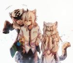  1boy 2girls ^_^ ^o^ animal_ears arknights braid brother_and_sister carrying cat_ears cat_tail circlet cliffheart_(arknights) closed_eyes commentary_request fang fur_trim hair_between_eyes hat highres long_hair multiple_girls necktie nga_(artist) piggyback pramanix_(arknights) siblings silver_eyes silver_hair silverash_(arknights) sleeves_past_wrists smile tail 