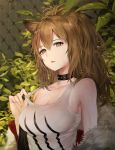  1girl animal_ears arknights bangs bare_arms bare_shoulders black_choker breasts brown_eyes brown_hair choker cleavage collarbone fur_trim hair_between_eyes large_breasts lib lion_ears long_hair long_sleeves looking_at_viewer off_shoulder open_clothes outdoors parted_lips plant ponytail rain revision siege_(arknights) smile solo spiked_choker spikes symbol_commentary tank_top upper_body water wet wet_hair 