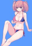  1girl alternate_costume american_flag american_flag_bikini atlanta_(kantai_collection) bangs bare_arms bare_legs bare_shoulders barefoot bikini blue_blue blush breasts brown_hair collarbone earrings eyebrows_visible_through_hair flag_print grey_eyes hair_ornament hair_scrunchie halterneck highres jewelry kantai_collection kumadano large_breasts long_hair looking_at_viewer navel open_mouth print_bikini scrunchie side-tie_bikini simple_background sitting solo star star_earrings string_bikini swimsuit two_side_up 
