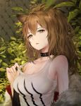  1girl animal_ears arknights bangs bare_arms bare_shoulders black_choker breasts brown_eyes brown_hair choker cleavage collarbone fur_trim hair_between_eyes large_breasts lib lion_ears long_hair long_sleeves looking_at_viewer off_shoulder open_clothes outdoors parted_lips plant ponytail rain siege_(arknights) smile solo spiked_choker spikes tank_top upper_body water wet 