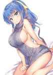  1girl backless_outfit bare_arms bare_shoulders blue_eyes blue_hair breasts commentary_request dutch_angle frown hair_ribbon highres large_breasts long_hair looking_at_viewer meme_attire no_bra original parted_lips ponytail ribbon sanshoku_amido sideboob simple_background sitting solo thighs virgin_killer_sweater white_background 