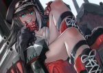  1girl azur_lane bangs black_hair blue_eyes blush breasts cleavage deutschland_(azur_lane) eyebrows_visible_through_hair gauntlets gloves hair_between_eyes hat iron_cross long_hair long_sleeves looking_at_viewer multicolored_hair myuutau_tadakichi open_mouth red_gloves red_hair sharp_teeth silver_hair sitting smile solo streaked_hair teeth tongue turret very_long_hair white_hair 