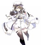  1girl :d azur_lane black_gloves black_hair black_legwear coat commentary_request eyebrows_visible_through_hair fur-trimmed_coat fur-trimmed_sleeves fur_trim gloves hat long_hair long_sleeves looking_at_viewer open_mouth pamiat_merkuria_(azur_lane) partial_commentary pink_eyes shirotae_moyashi simple_background smile solo thigh_strap thighhighs twintails white_background zettai_ryouiki 