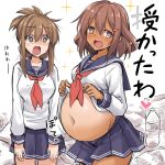  2girls big_belly black_sailor_collar black_skirt blush brown_eyes brown_hair eyebrows_visible_through_hair fang hair_between_eyes hair_ornament hairclip heart heart-shaped_pupils highres ikazuchi_(kantai_collection) inazuma_(kantai_collection) kantai_collection kokutou_nikke long_sleeves multiple_girls neckerchief open_mouth pleated_skirt pregnant red_neckwear sailor_collar school_uniform serafuku shaded_face short_hair skirt symbol-shaped_pupils 