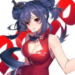  1girl 2020 arknights blue_hair breasts ch&#039;en_(arknights) china_dress chinese_clothes cleavage cleavage_cutout double_bun dress horns kan_(rainconan) large_breasts looking_at_viewer parted_lips pink_eyes red_dress sidelocks solo tail 