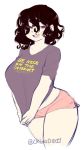  1girl black_hair breasts chinad011 clothes_writing huge_breasts medium_hair messy_hair mole mole_under_mouth original red_eyes shirt shirt_tug short_shorts shorts solo t-shirt thick_thighs thighs truth twitter_username 