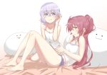  2girls bare_shoulders barefoot blue_eyes blush breasts cleavage closed_mouth collarbone dokka_no_kuni_no_kokuou eyebrows_visible_through_hair glasses ikeda_chitose long_hair looking_at_viewer multiple_girls panties purple_eyes purple_hair purple_panties shiny shiny_hair shiny_skin short_hair simple_background sitting small_breasts smile stuffed_toy sugiura_ayano underwear white_background white_hair yuru_yuri 