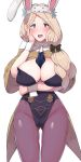  1girl :d animal_ears arm_around_waist ass_visible_through_thighs bangs black_bow black_leotard blue_eyes blue_flower blush boris_(noborhys) bow breasts bright_pupils brown_capelet bunny_ears bunnysuit cleavage fake_animal_ears fire_emblem flower groin hair_bow hairband hand_on_own_cheek highleg highleg_leotard highres large_breasts leotard looking_at_viewer mercedes_von_martritz open_mouth pantyhose parted_bangs purple_legwear simple_background smile solo standing strapless strapless_leotard striped striped_bow white_background white_hairband 