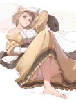  1girl arm_up bare_shoulders barefoot blush brown_hair collarbone dress fire_emblem fire_emblem:_three_houses hat hat_removed headwear_removed highres kisetsu knee_up light_blush looking_at_viewer lying mercedes_von_martritz on_back panties pantyshot pantyshot_(lying) parted_lips short_hair solo toes underwear white_panties 