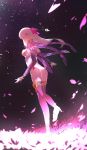  1girl absurdres armor ass back bangs bikini_armor breasts closed_mouth detached_sleeves dress earrings fate/grand_order fate_(series) field flower flower_field hair_ribbon highres jewelry kama_(fate/grand_order) kuronoiparoma large_breasts legs long_hair looking_at_viewer looking_back lotus night night_sky petals pink_ribbon purple_dress purple_legwear purple_sleeves red_eyes ribbon silver_hair sky solo star_(sky) starry_sky thigh_strap thighhighs thighlet 